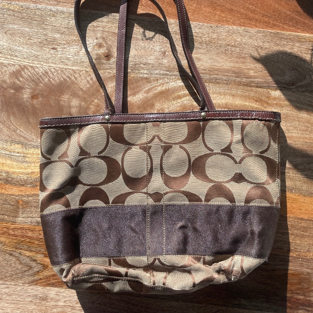 Coach Brown/Tan Tote Bag with Signature Canvas and Stripe